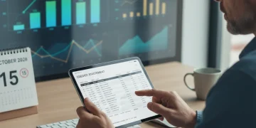 Person analyzing credit card statement on tablet