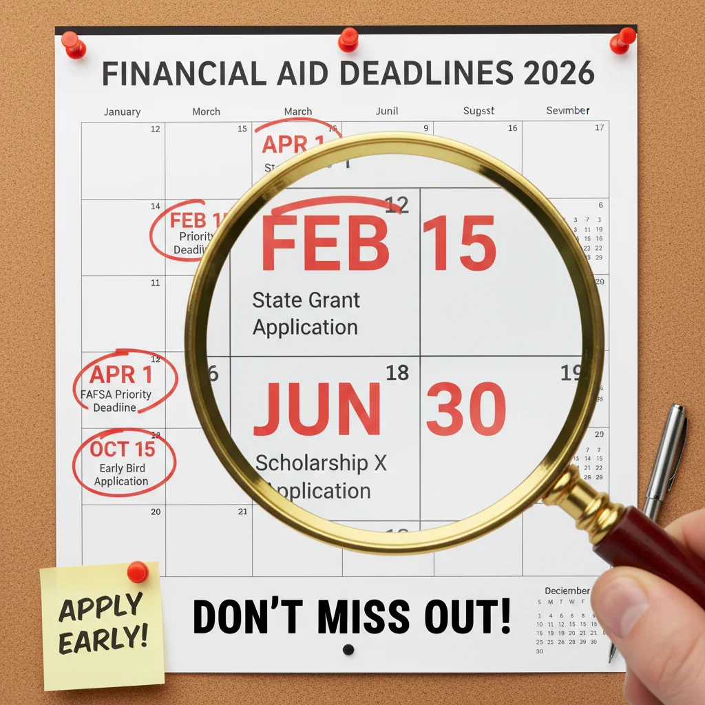 Calendar highlighting 2026 financial aid deadlines, emphasizing timely application importance.