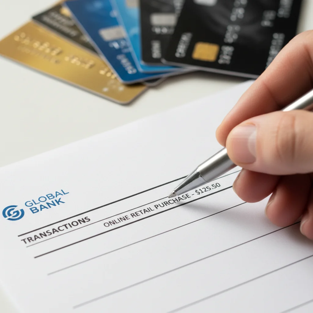 Hand highlighting transaction on credit card statement