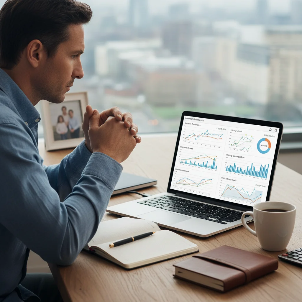 Individual analyzing investment growth on a laptop, focusing on long-term financial planning for HSA.