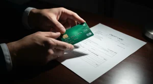 A person's hands holding an emerald green credit card above a detailed paper credit card statement on a mahogany desk, illustrating credit card fundamentals.