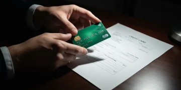 A person's hands holding an emerald green credit card above a detailed paper credit card statement on a mahogany desk, illustrating credit card fundamentals.