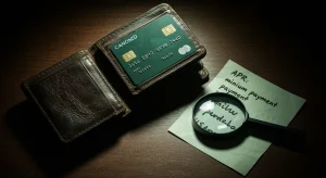 Dramatic close-up of a dark green credit card in a worn leather wallet, with a magnifying glass on a note detailing 'APR' and 'minimum payment' on a mahogany desk.
