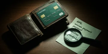 Dramatic close-up of a dark green credit card in a worn leather wallet, with a magnifying glass on a note detailing 'APR' and 'minimum payment' on a mahogany desk.