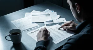 An individual analyzing credit card statements and credit score documents on a brushed metal desk, illustrating the importance of understanding credit utilization and payment history.