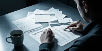 An individual analyzing credit card statements and credit score documents on a brushed metal desk, illustrating the importance of understanding credit utilization and payment history.