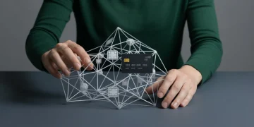 An individual's hands interacting with a green geometric sculpture representing complex financial systems, alongside a black credit card, illustrating the evolving role of modern payment strategies.