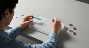 An individual sliding a transparent, green-striped credit card into a frosted acrylic block labeled with financial terms like 'credit limit' and 'interest rate', on a concrete desk, symbolizing credit card mechanics.