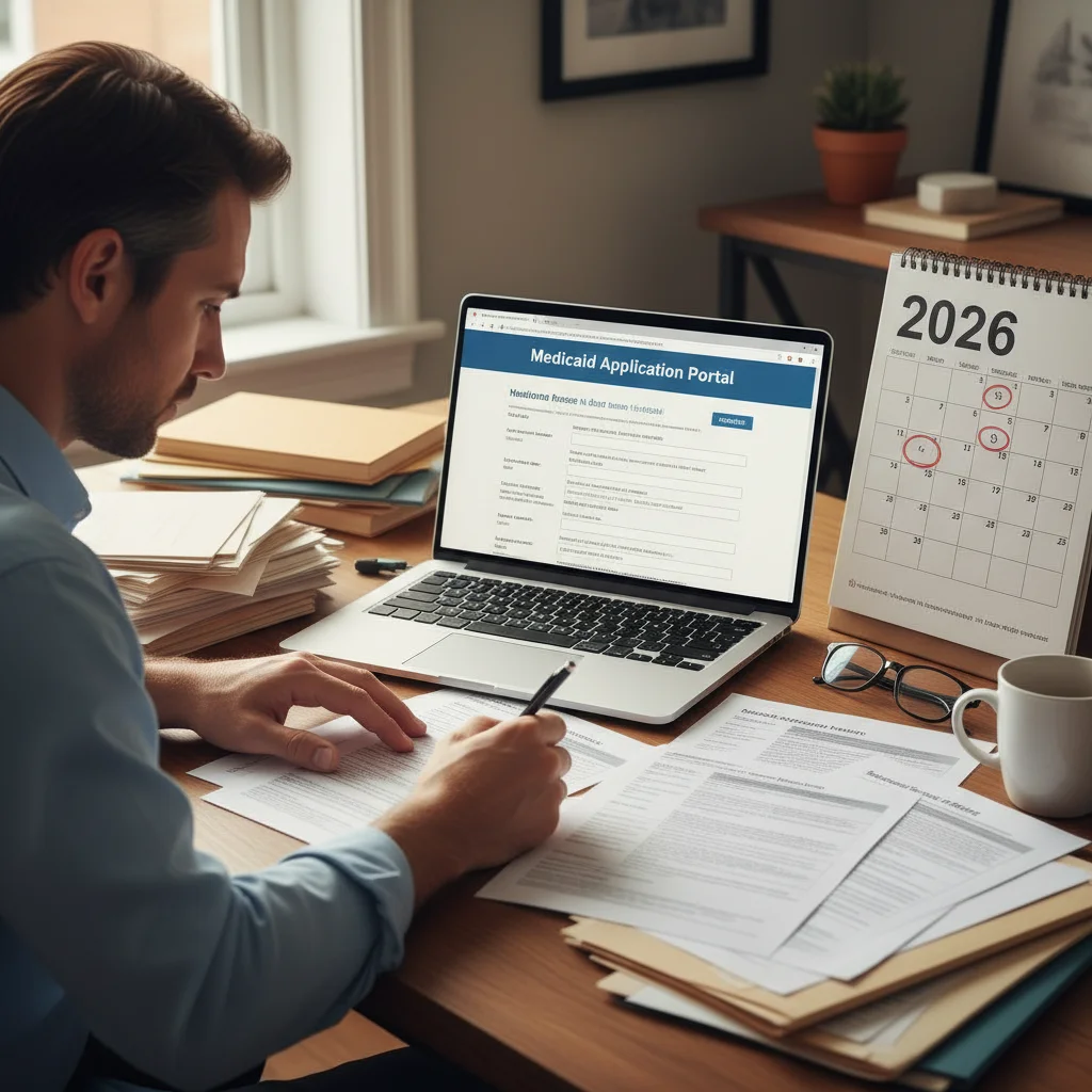 Person reviewing Medicaid application forms for 2026 changes