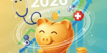 Illustration of a heart-shaped piggy bank with medical symbols and increasing money, symbolizing optimized HSA savings in 2026.