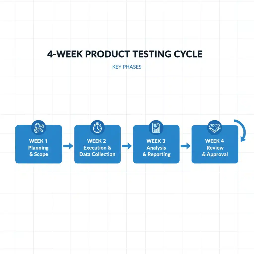 Visual representation of the 4-week product testing cycle flowchart.