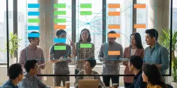 Diverse team collaborating on an agile project board with sticky notes and digital interfaces.