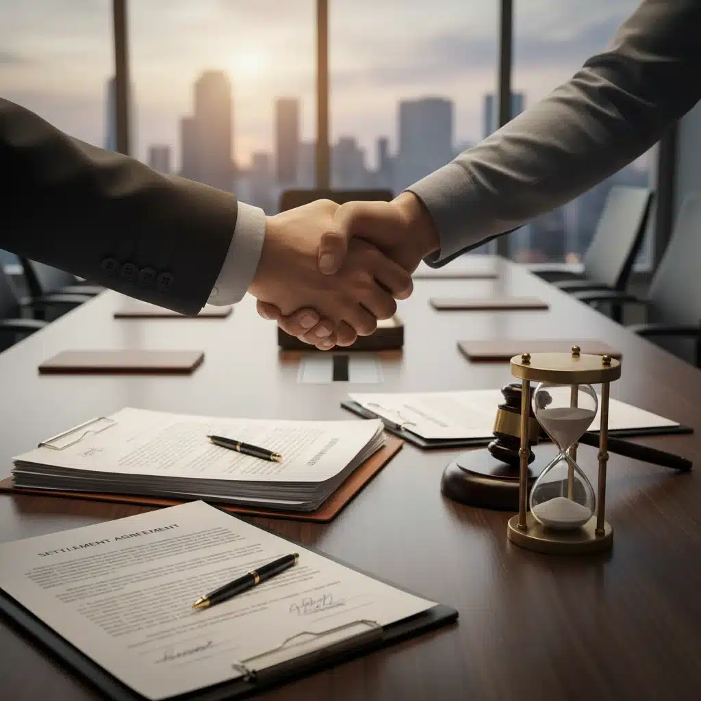 Two individuals shaking hands over a table with legal documents, representing agreement finalization and dispute resolution.