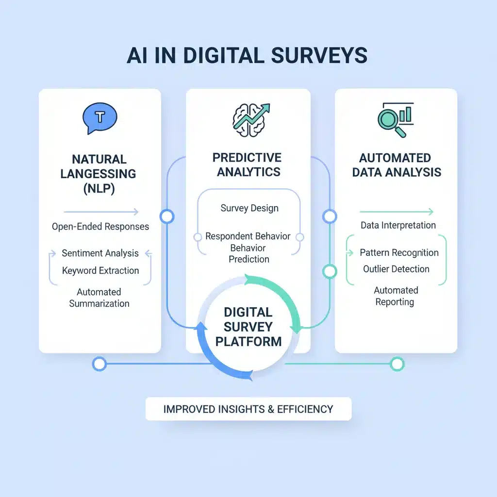Infographic showing various AI applications in digital survey processes.