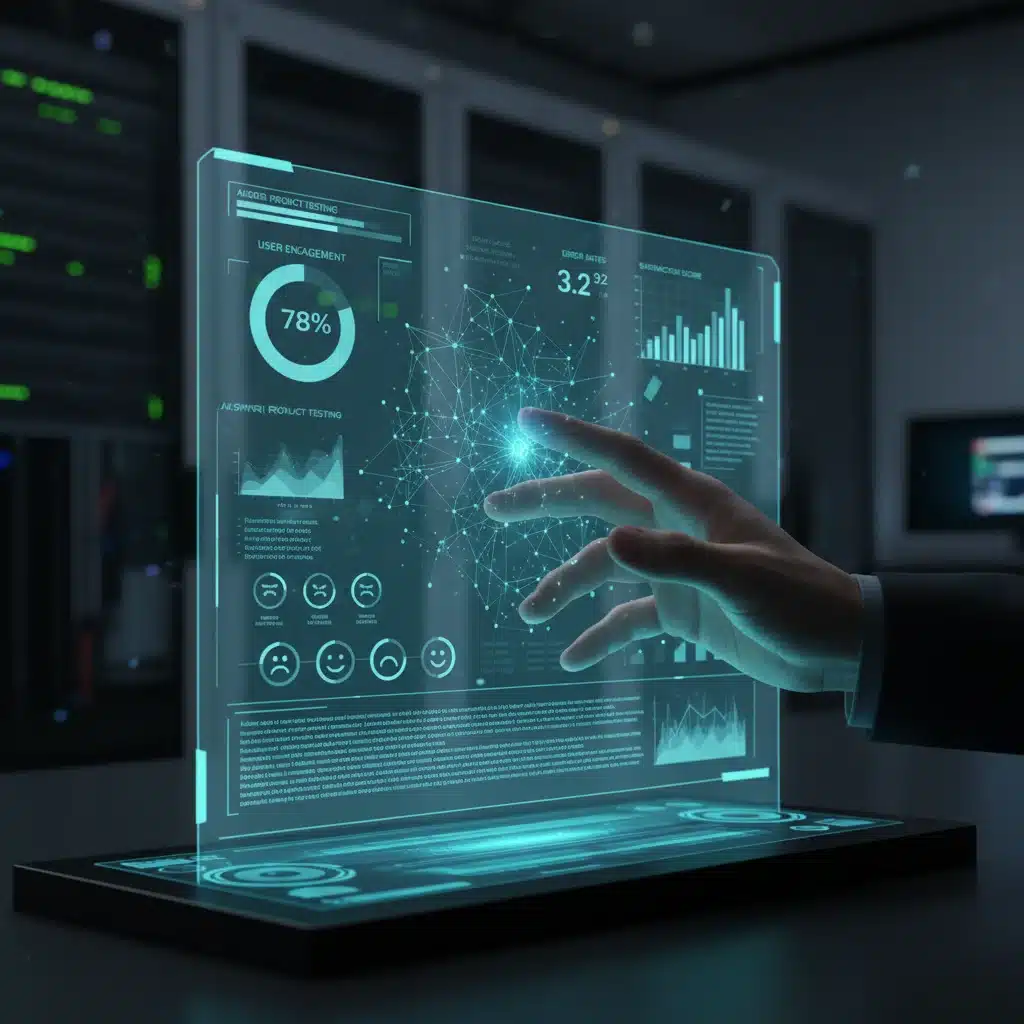 Hand interacting with holographic interface showing AI product testing data and user feedback.