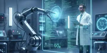 AI robot arm interacting with holographic interface showing product test results