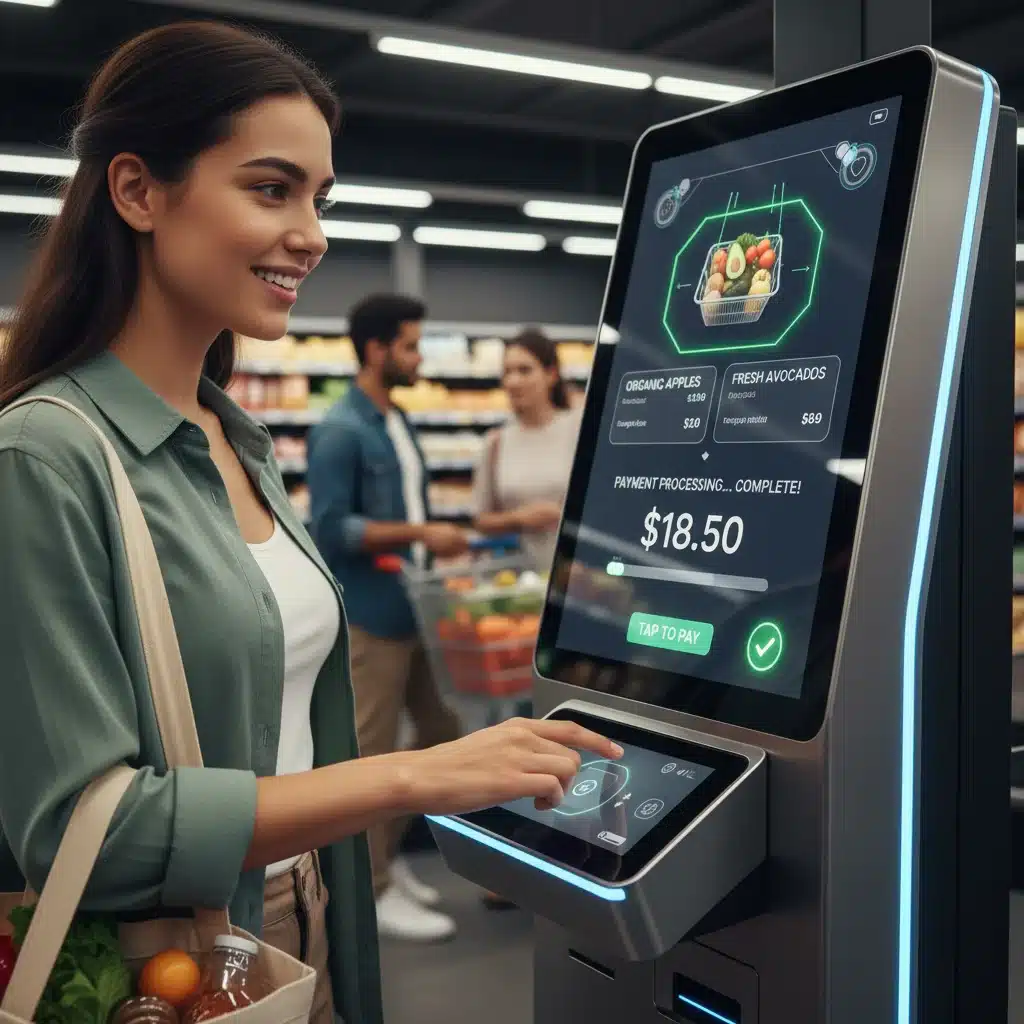 Customer using an AI-powered smart self-checkout kiosk in a modern retail environment.