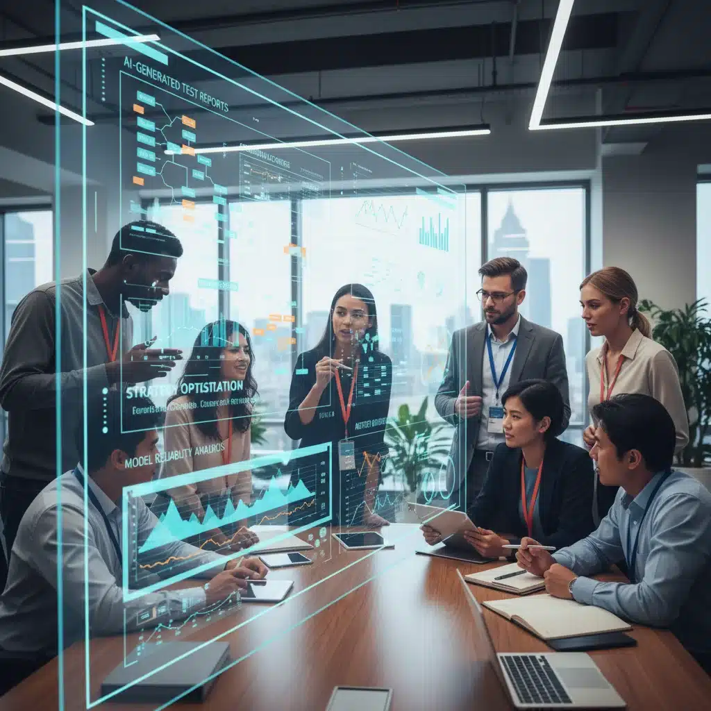 Team of testers and AI specialists collaborating on AI test reports