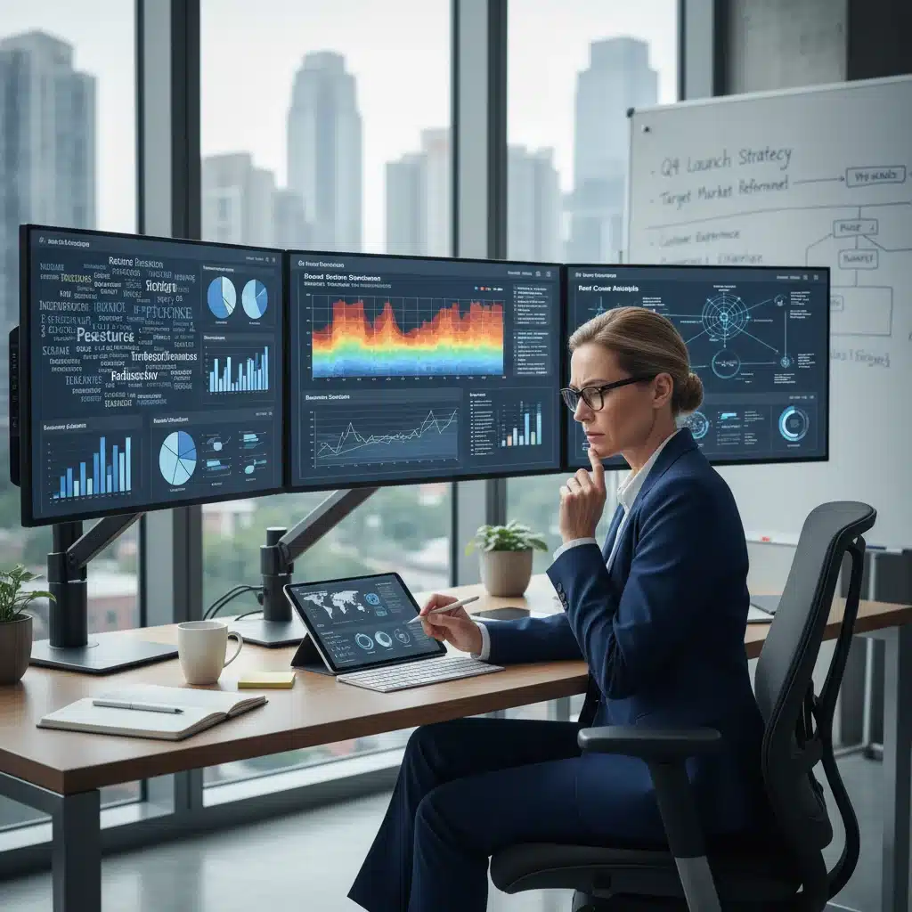 Business professional analyzing data visualizations and charts derived from extensive consumer feedback for strategic planning.