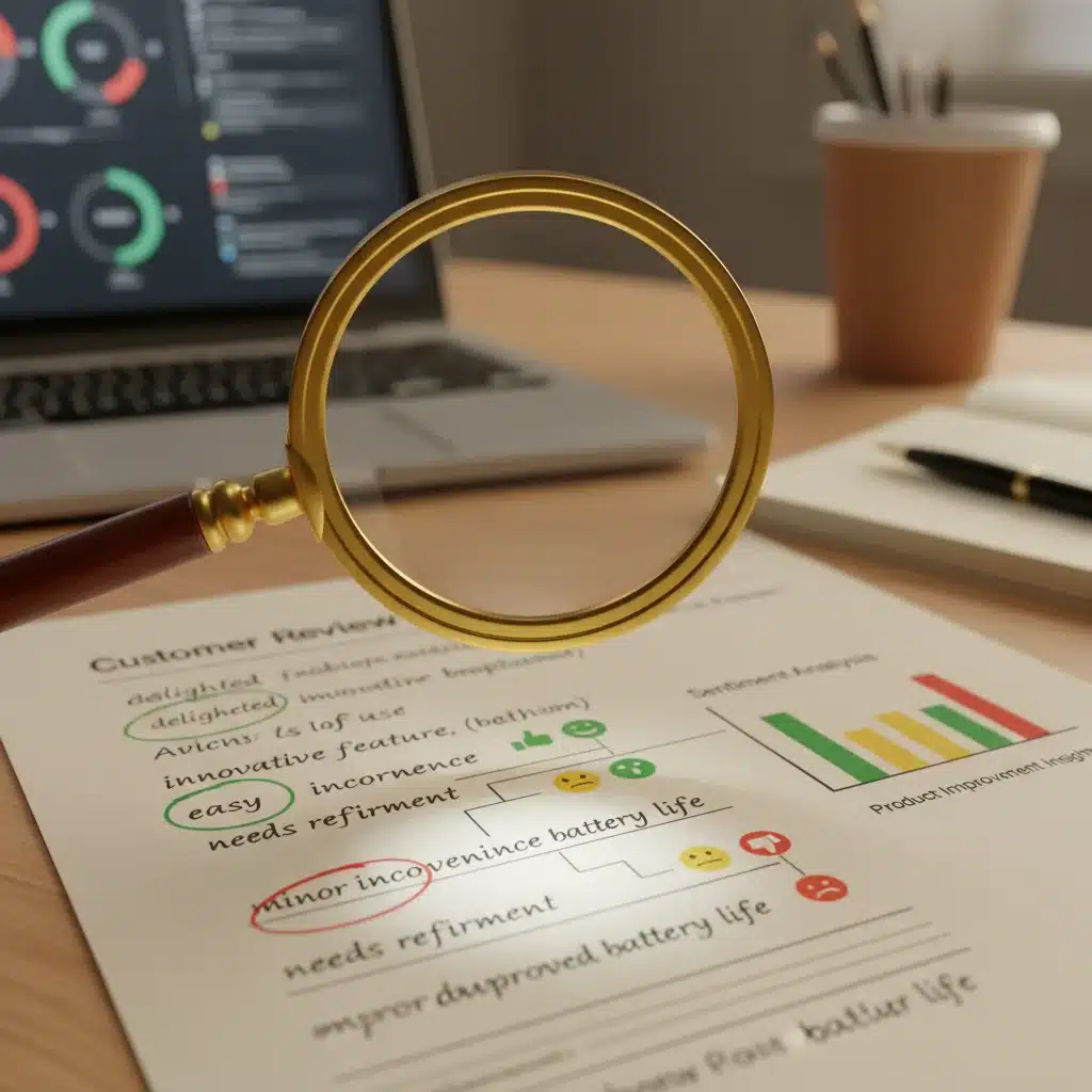 Magnifying glass analyzing customer review form data