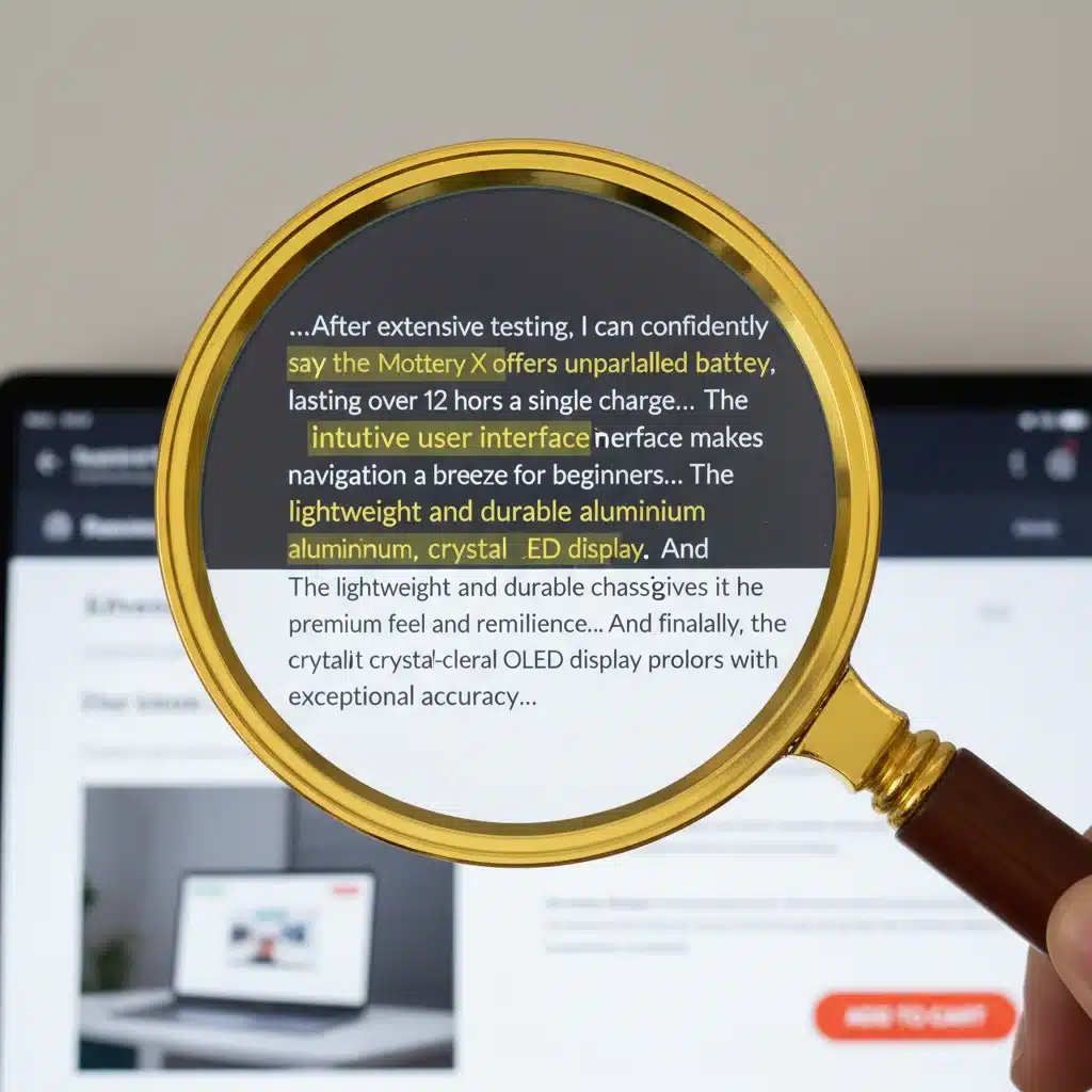 Magnifying glass examining detailed product review text for specific insights.