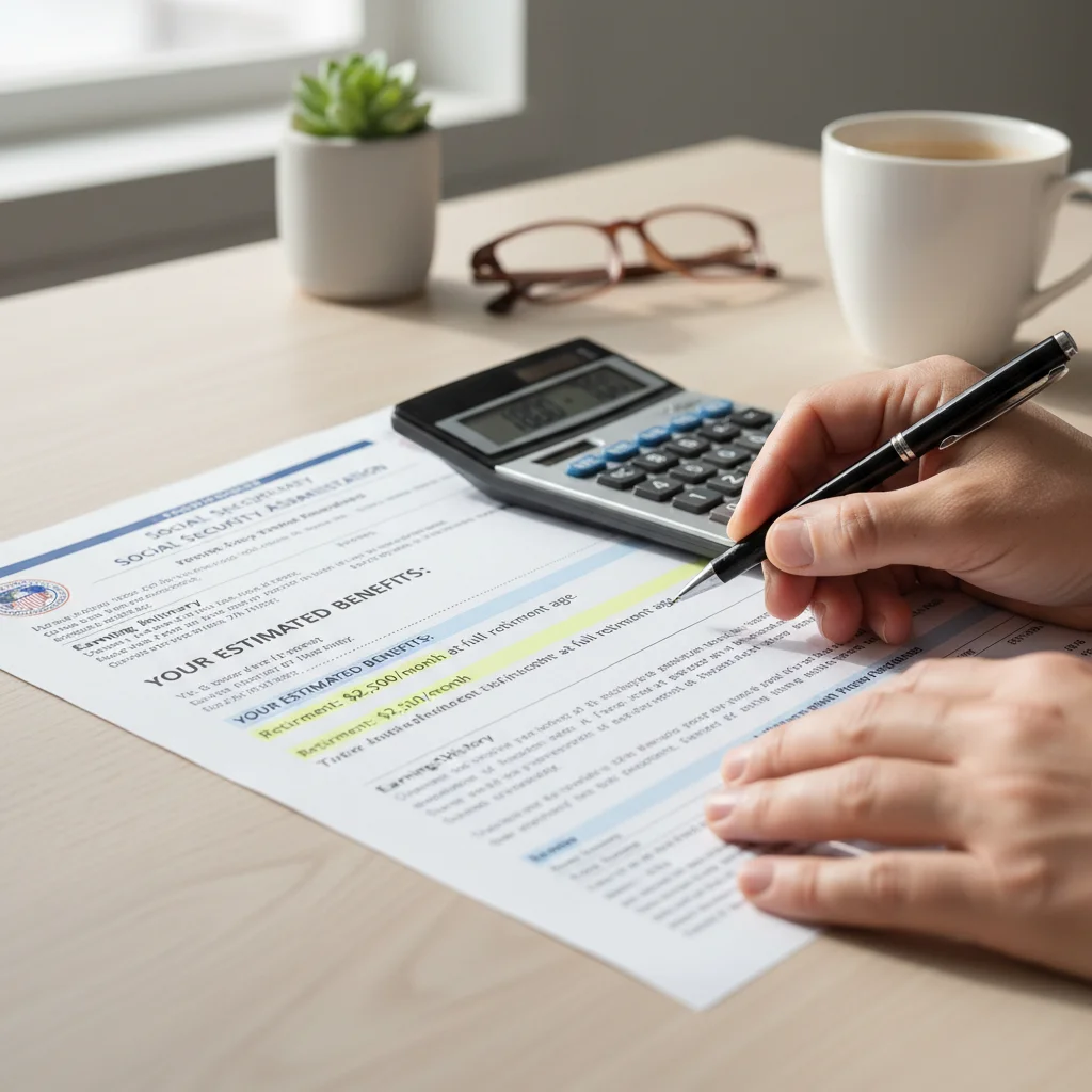 Hands analyzing Social Security statement and calculator for benefit planning