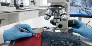 Fabric samples undergoing microscopic examination in a textile testing laboratory.