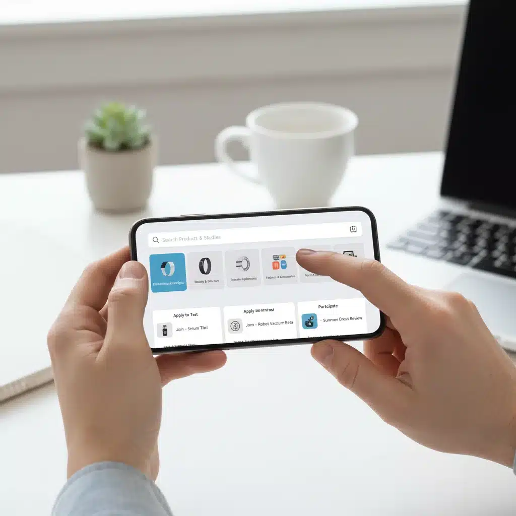 Person applying for product testing opportunities on a smartphone.