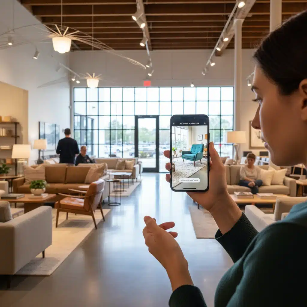 Customer using augmented reality in a physical retail store.