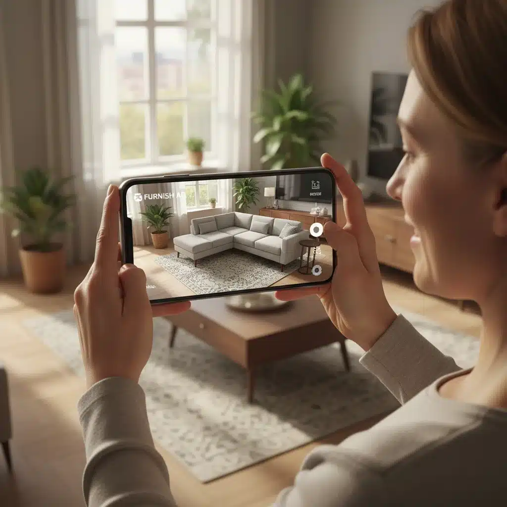 Augmented reality app on smartphone showing virtual furniture in a real living room, enhancing the online shopping experience.