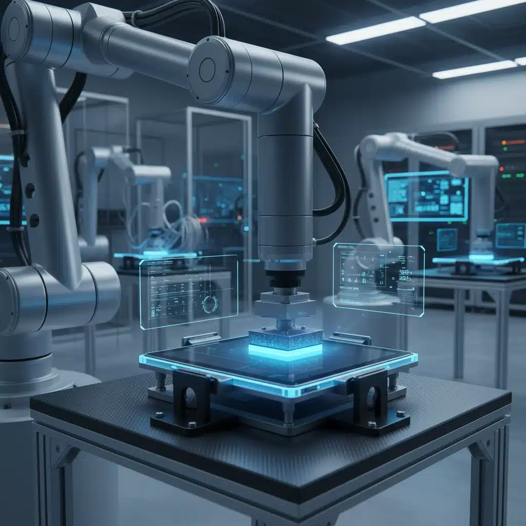 Robotic arm conducting automated stress tests on an electronic device.