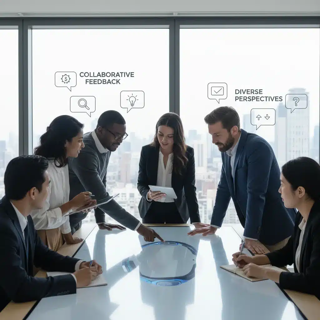 Diverse group collaborating on product feedback and insights