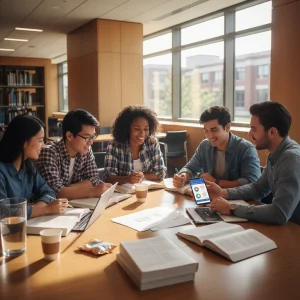 College students discussing student credit card features in a library