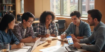 College students discussing student credit card features in a library