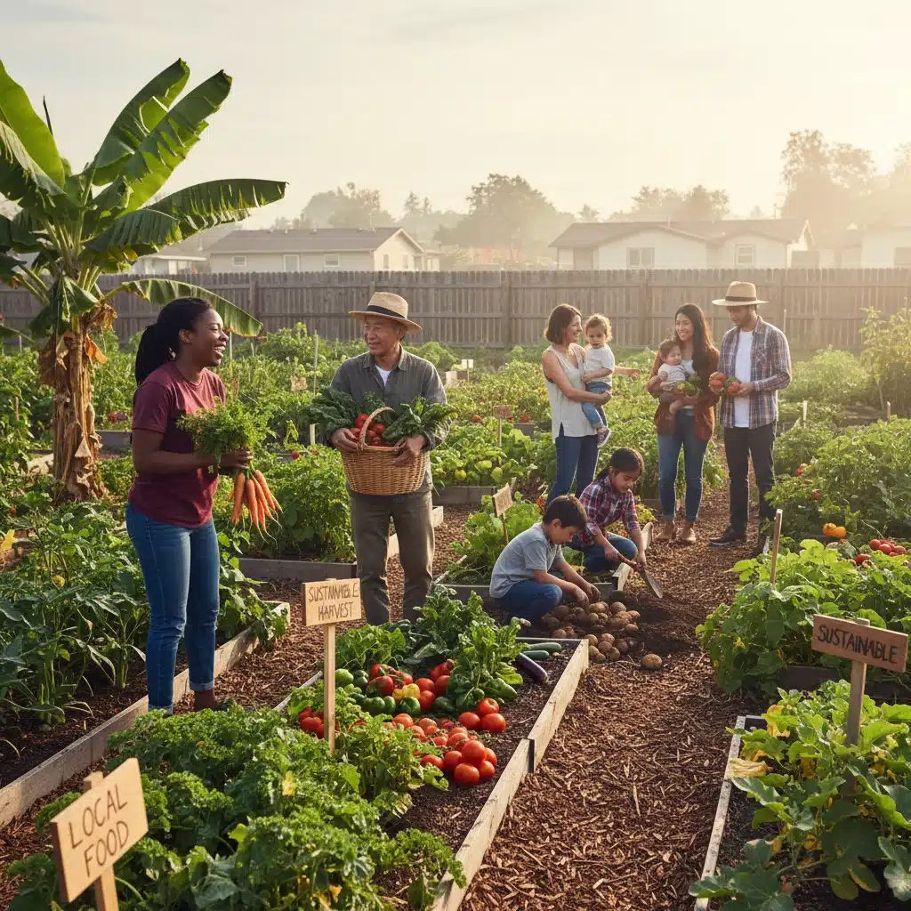 Community garden members harvesting organic vegetables, symbolizing local food