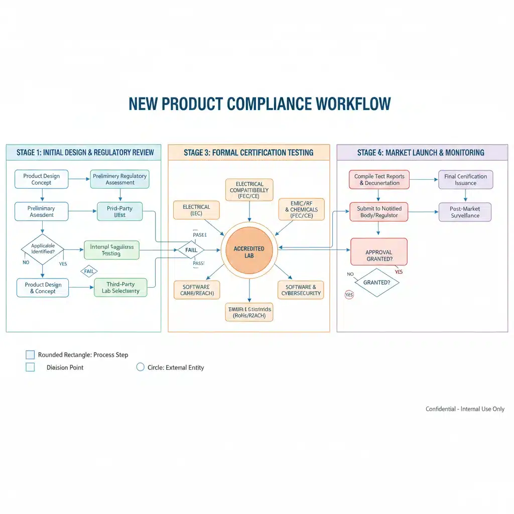 Complex flowchart detailing new product testing compliance workflow for 2026