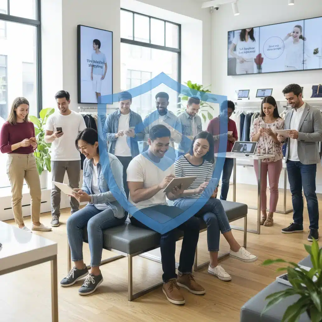 Diverse consumers confidently shopping online and in-store, symbolizing increased trust from data privacy.