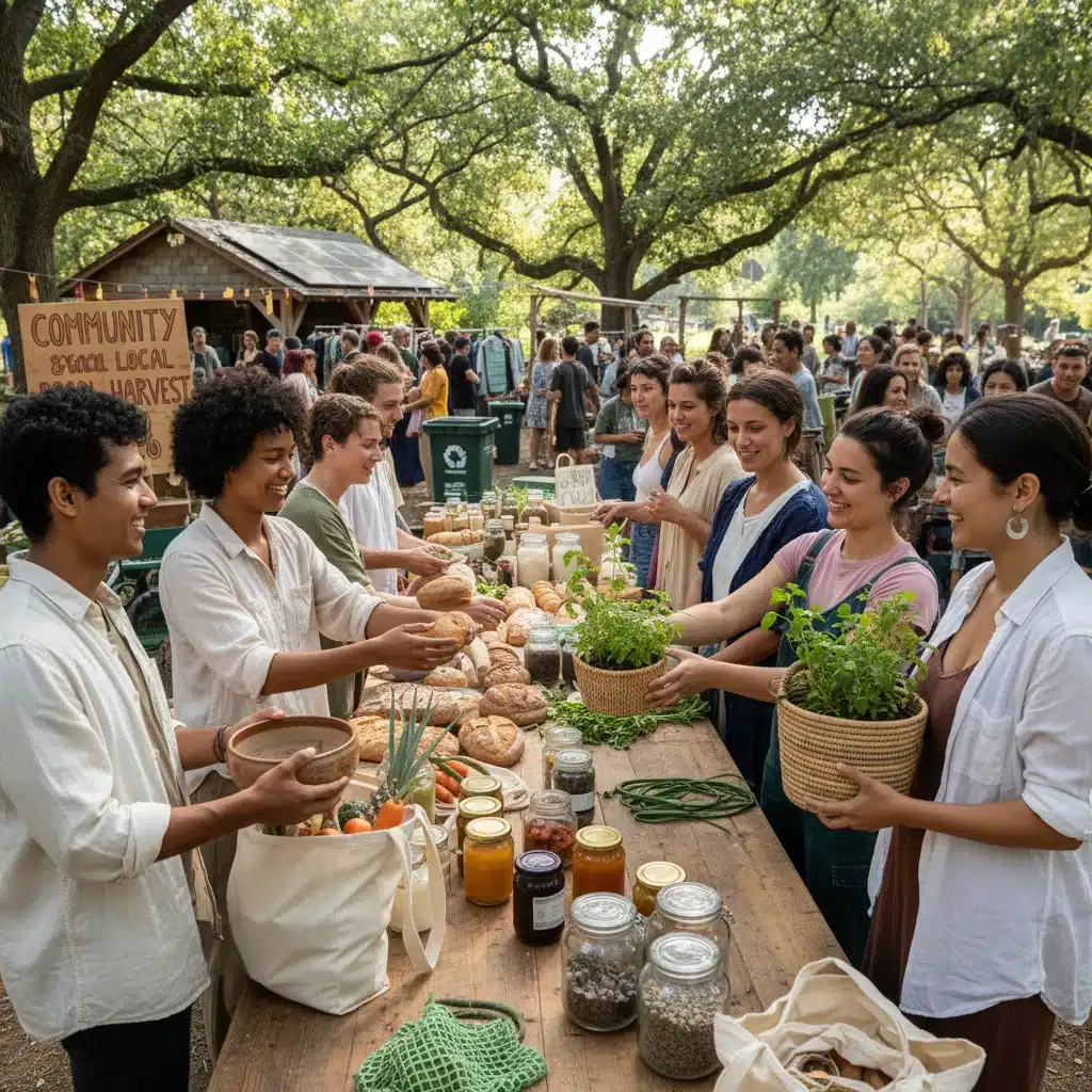 Diverse young adults engaging in conscious consumption at a community market, emphasizing ethical and sustainable choices.