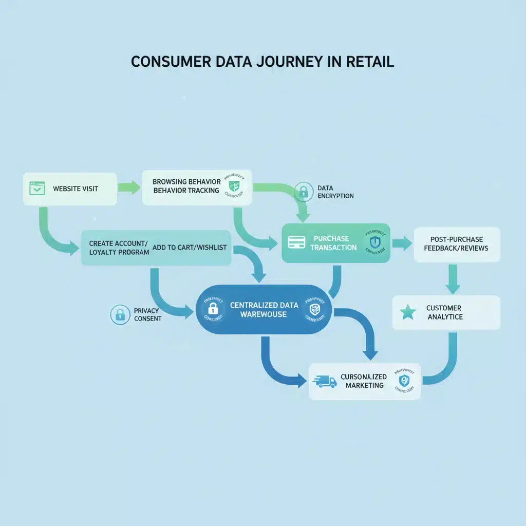 Infographic showing consumer data journey with privacy consent points in retail.