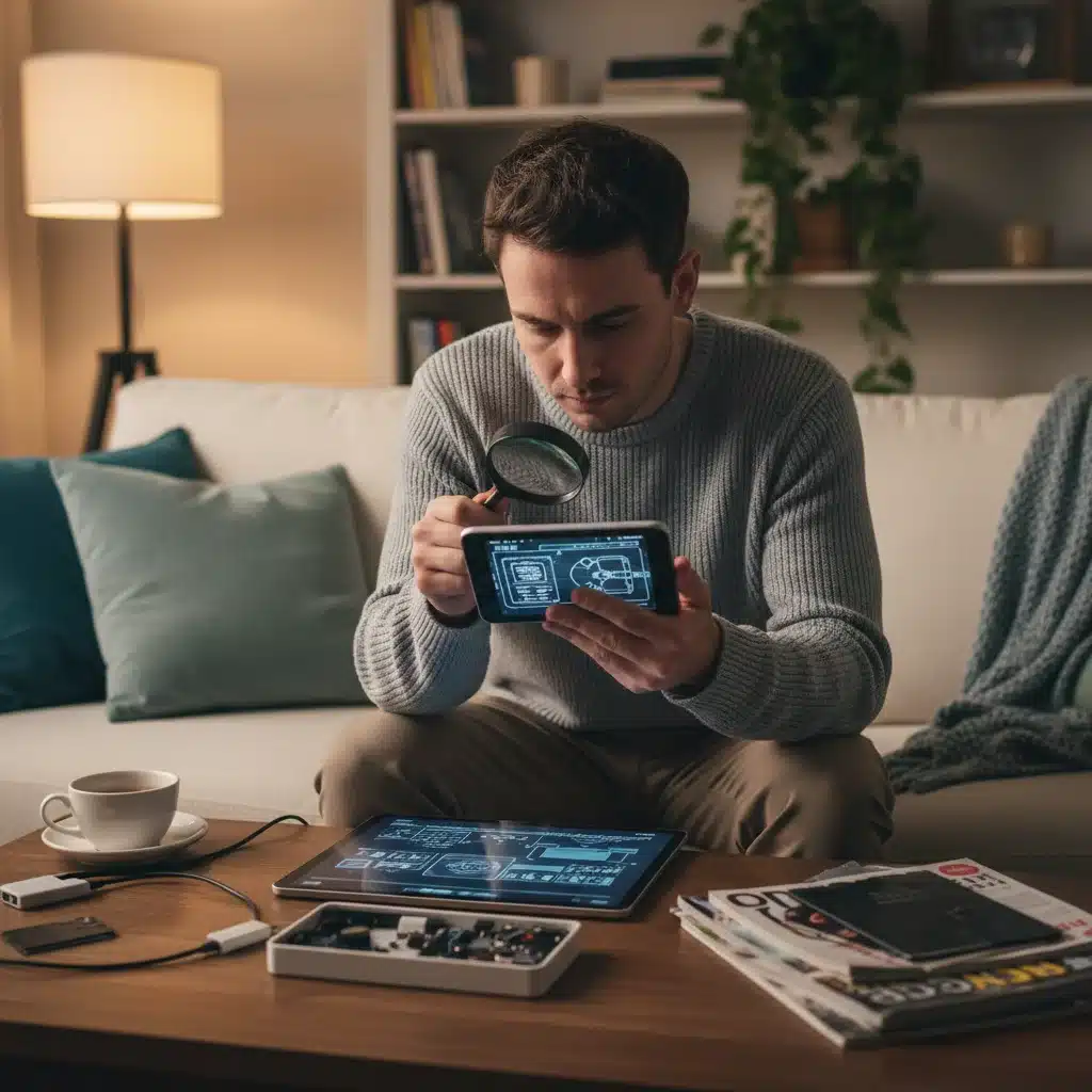 Consumer meticulously evaluating a new electronic product for feedback.