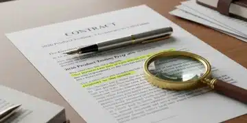 Contract document with pen and magnifying glass, symbolizing careful review of product testing terms and conditions.