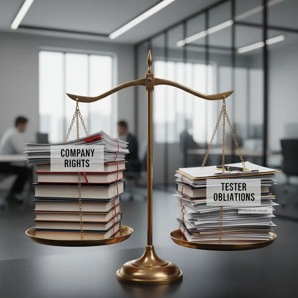 Legal scale balancing company rights and tester obligations in a contract.