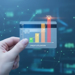 Hand holding credit card with 30% utilization rate highlighted