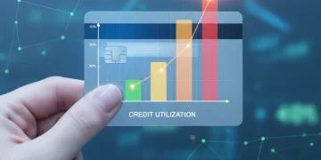 Hand holding credit card with 30% utilization rate highlighted