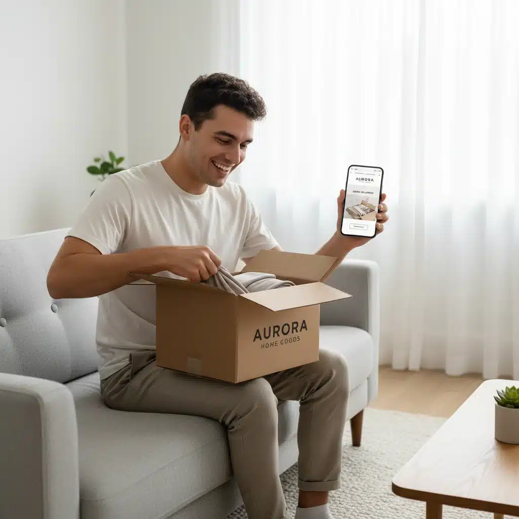 Customer unboxing a direct-to-consumer purchase with smartphone