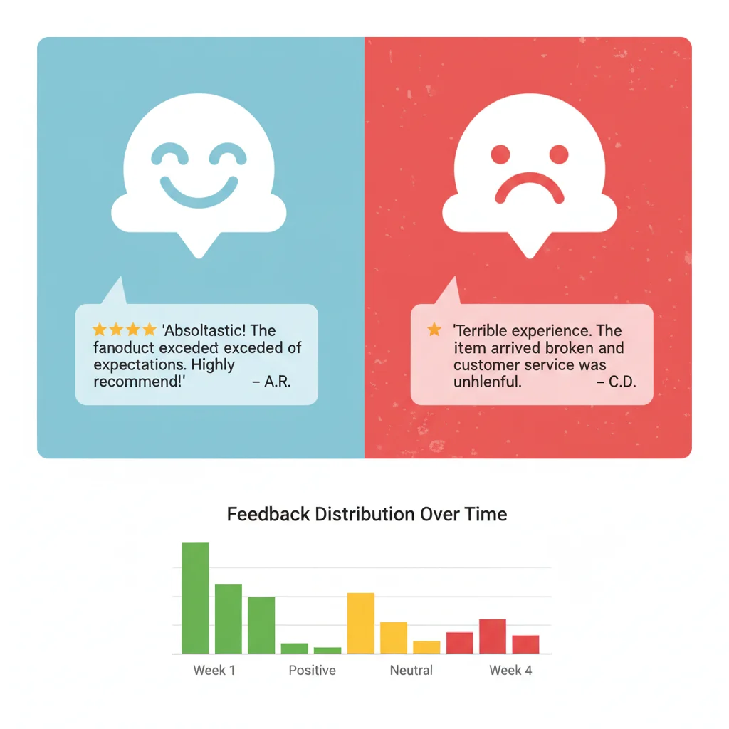 Visual representation of positive and negative customer reviews alongside a bar chart showing feedback distribution trends.