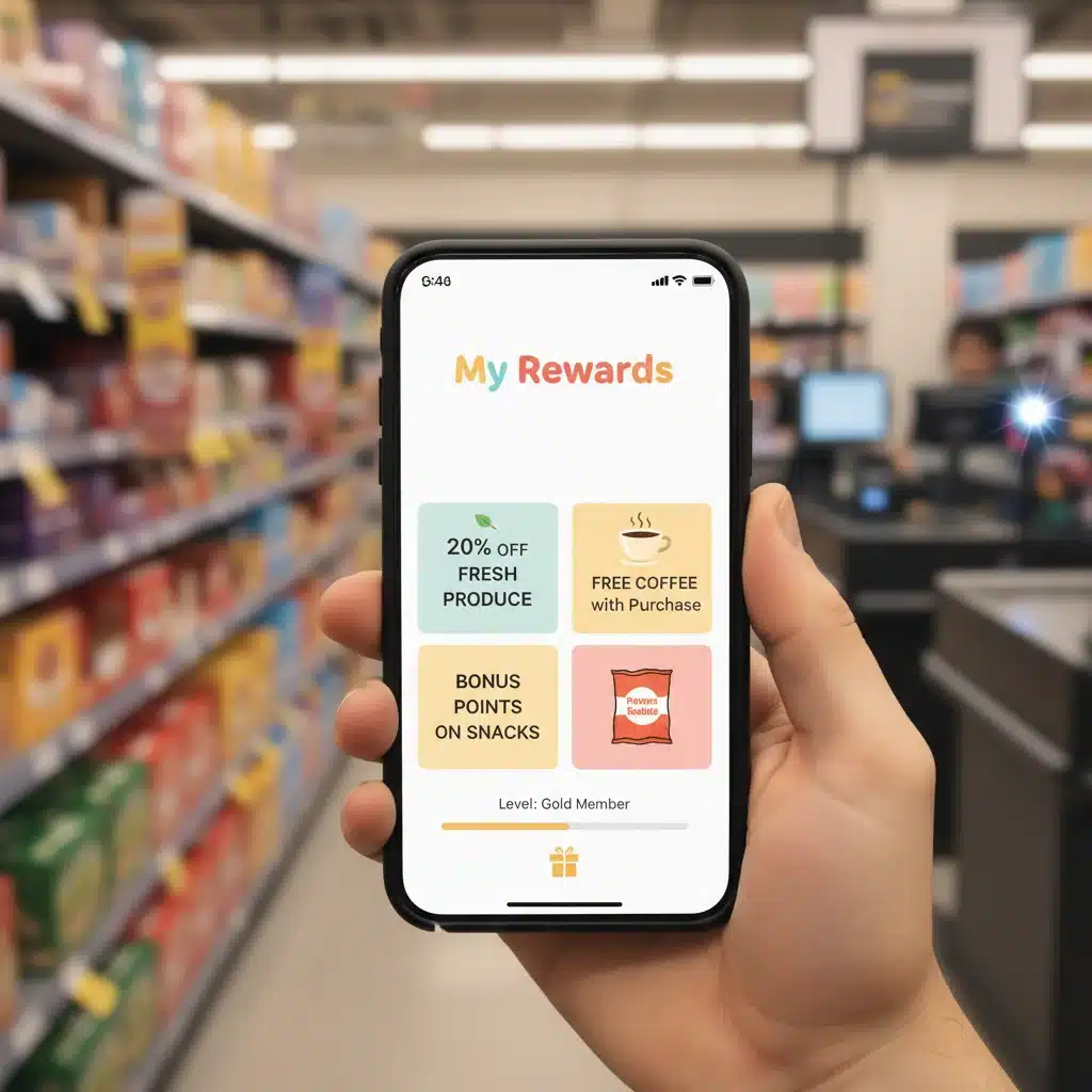 Smartphone displaying a customer loyalty program app with personalized discounts.