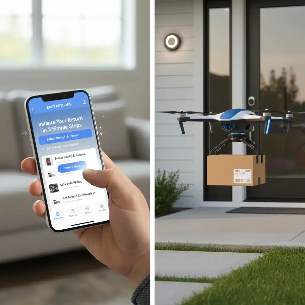 Customer using mobile app for easy returns, drone pickup for reverse logistics.