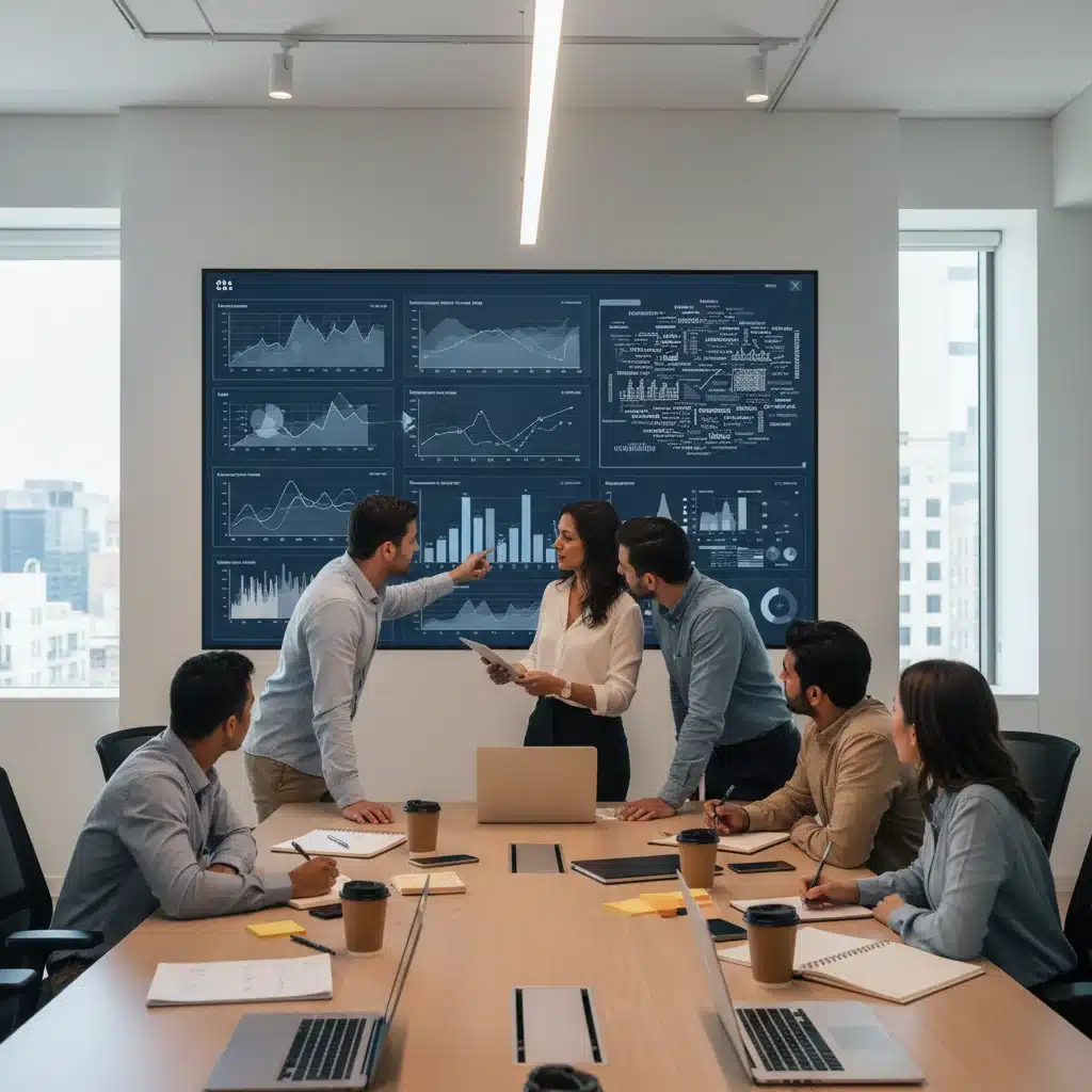 Product managers and data analysts collaboratively reviewing complex data visualizations from product testing feedback on a large screen.