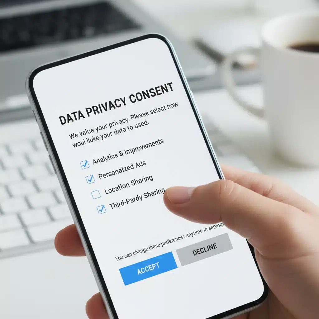 Smartphone displaying a clear data consent form with user options